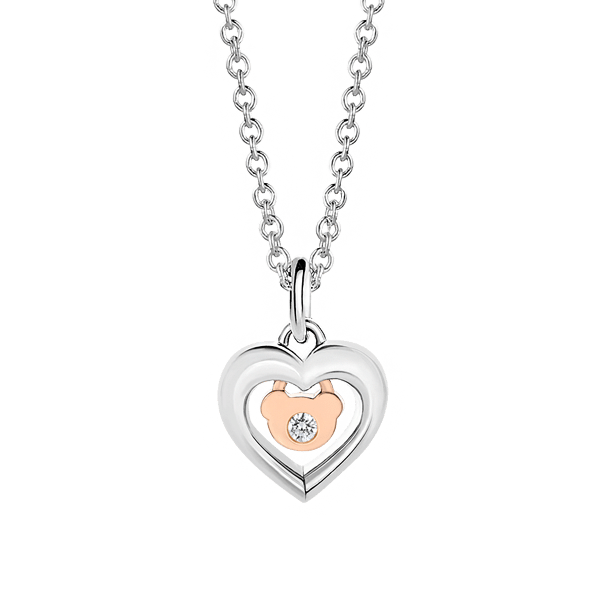 Silver & 14K Gold Diamond Heart & Bear Pendant