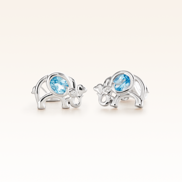 Silver Oval Blue Topaz Elephant Earrings