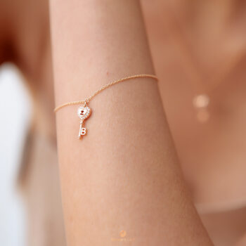14K Pink Gold Hanging Heart Key Diamond Bracelet